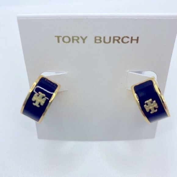 New Tory Burch Gold ,Black Enamel Small Huggie Hoops - Picture 2 of 7